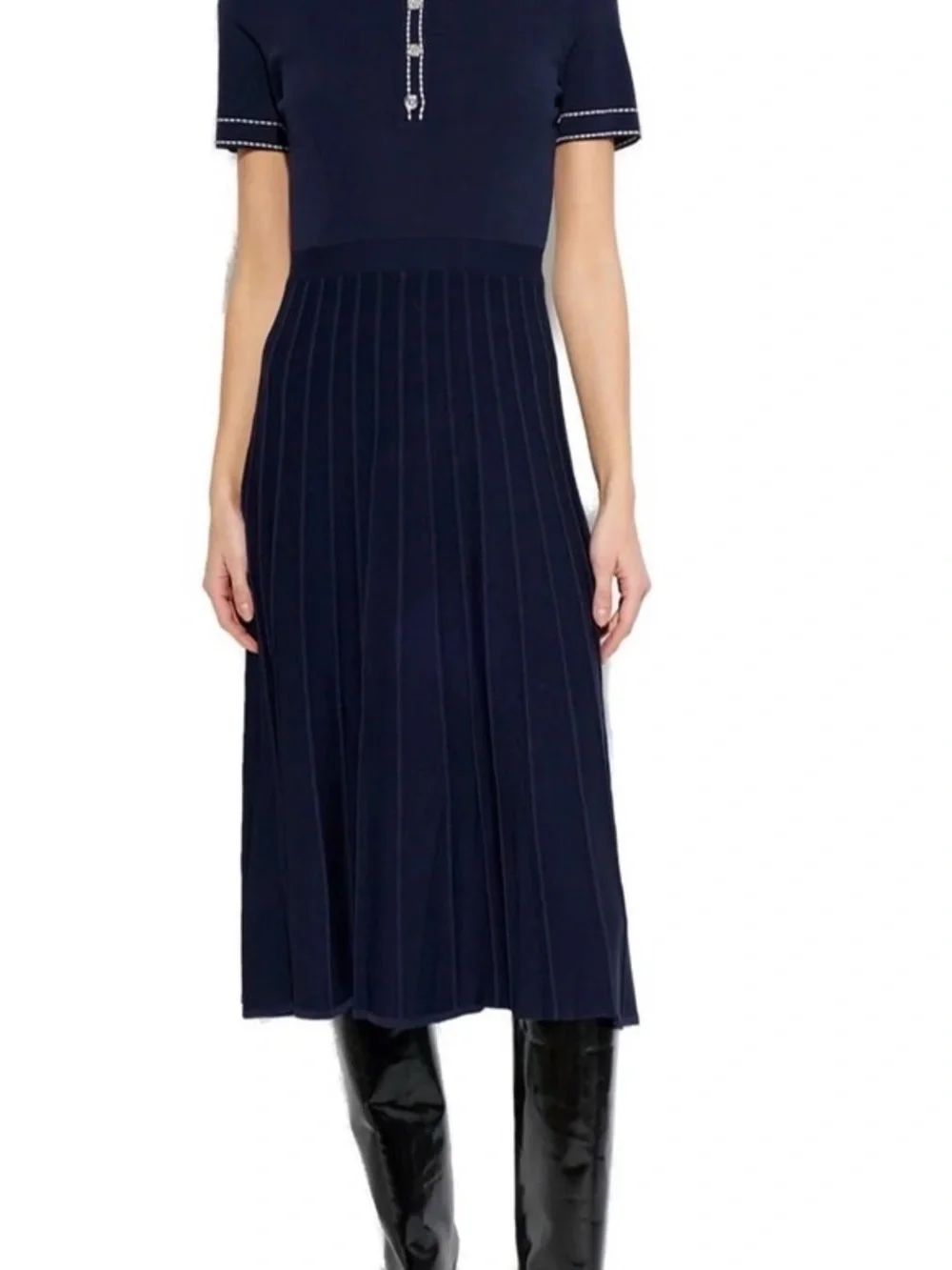 Michael Kors Navy Polo Knit Midi pleated Dress with White Contrast Stitching